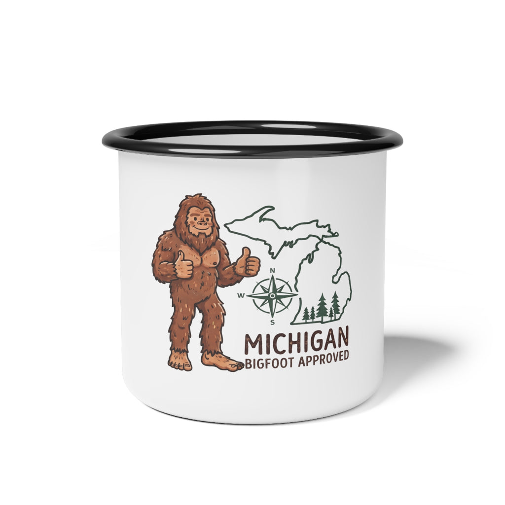 Michigan Bigfoot Approved Enamel Camp Cup – Rustic Outdoor Mug for Campers & Nature Lovers