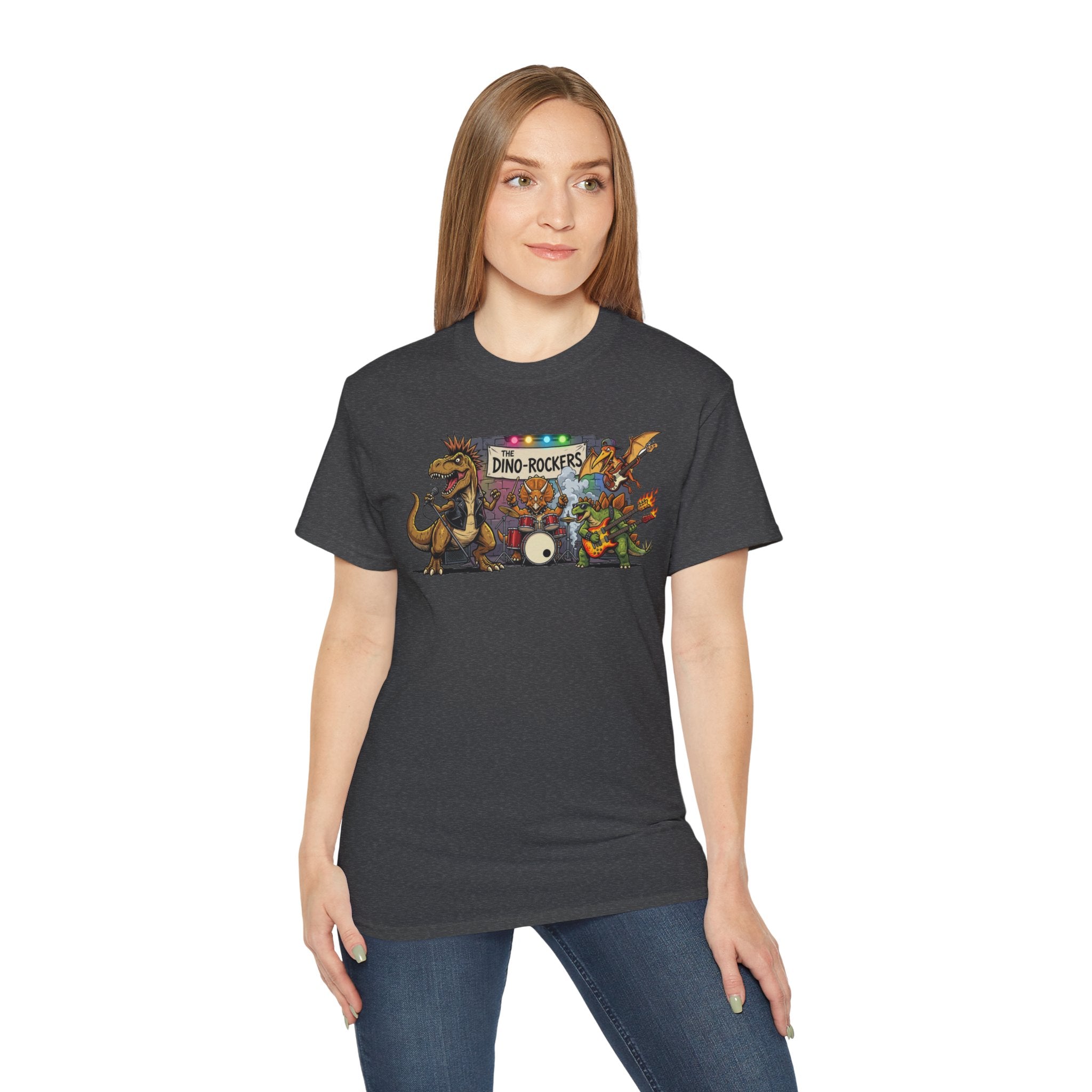 Dino Rockers T-Shirt – Retro Dinosaur Band Graphic Tee