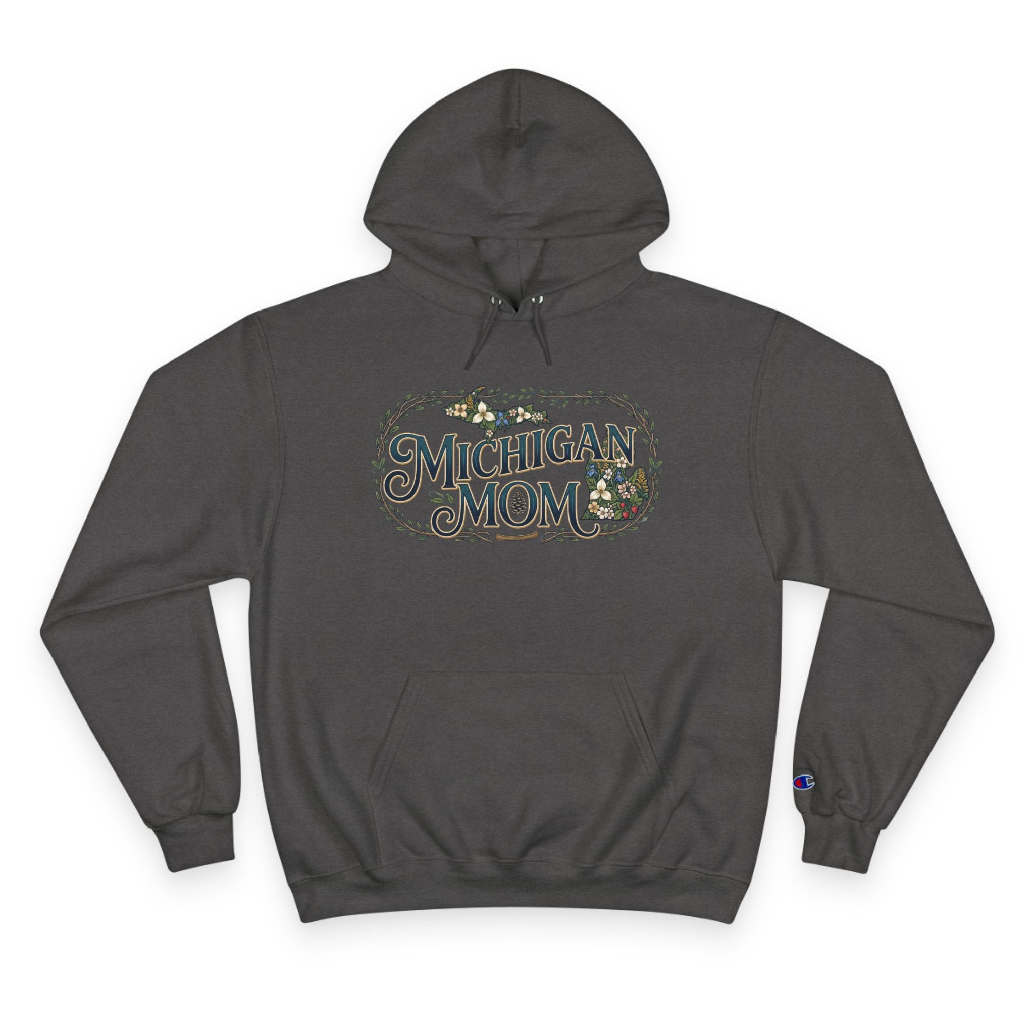 Michigan Mom Hoodie – Champion Pullover with Vintage State Floral Design