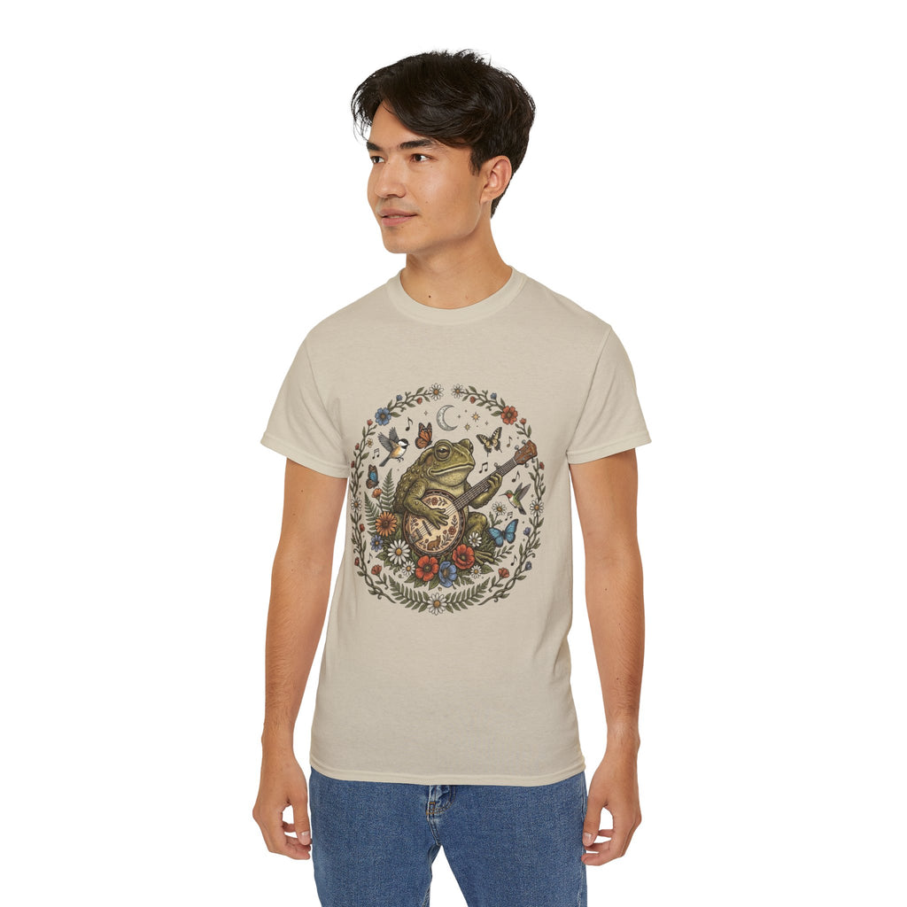 Folk Art Toad Banjo Tee — Floral Moonlight Frog Banjo  T-Shirt