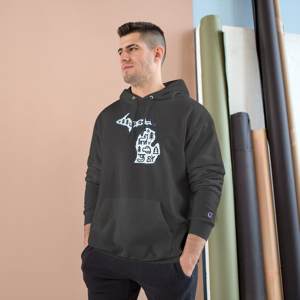 Michigan Map Champion Hoodie — Cozy State Pride Pullover with Iconic Symbols