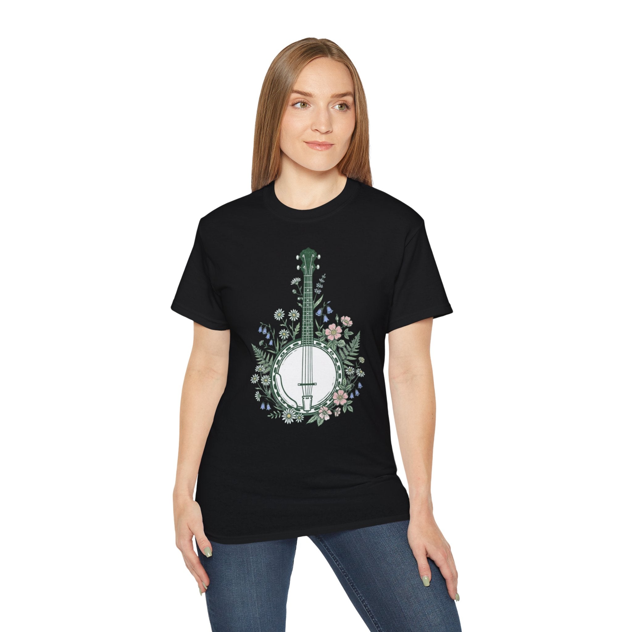 Floral Banjo Tee — Botanical Music Graphic T-Shirt