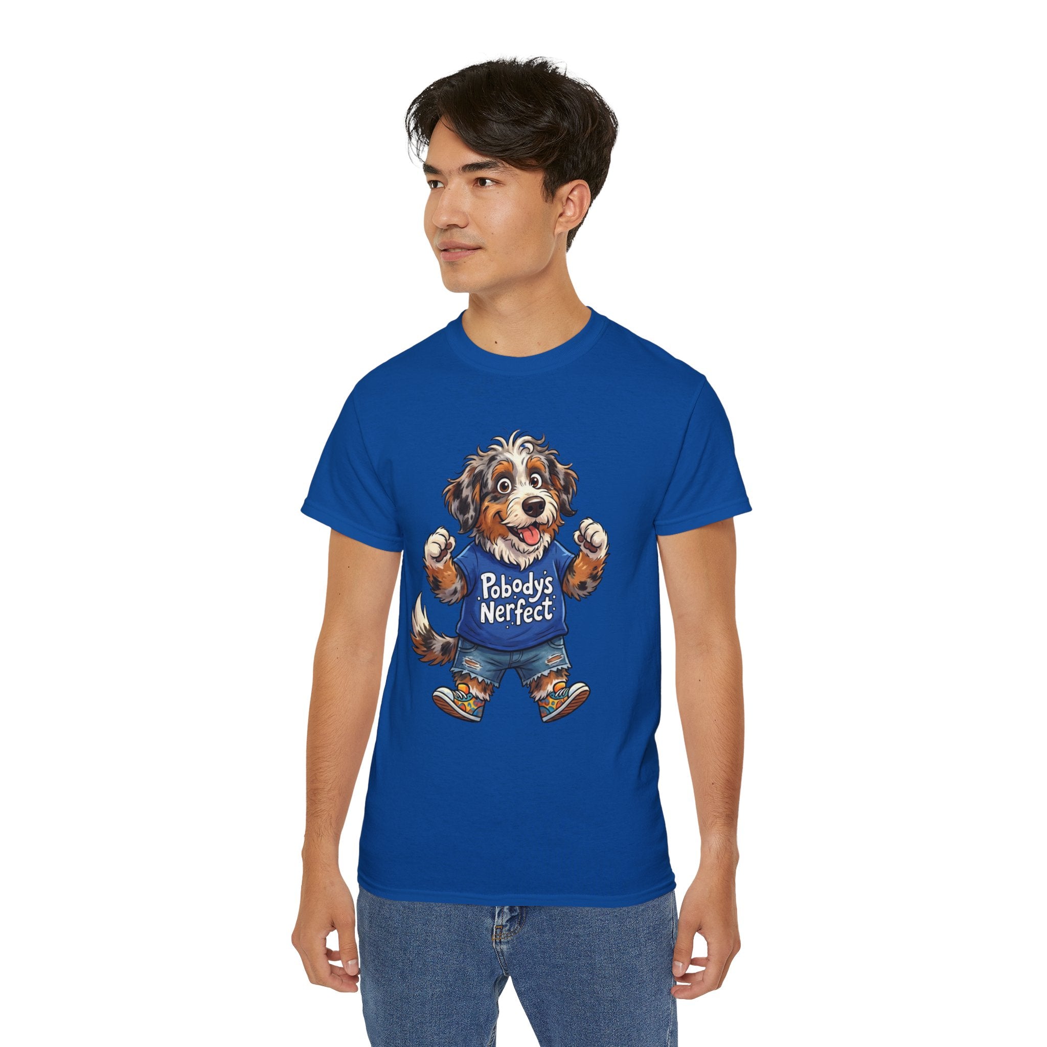 Dog Lover T‑Shirt – Cute Pup Wearing “Pobody's Nerfect” Shirt (Funny Pet Tee)