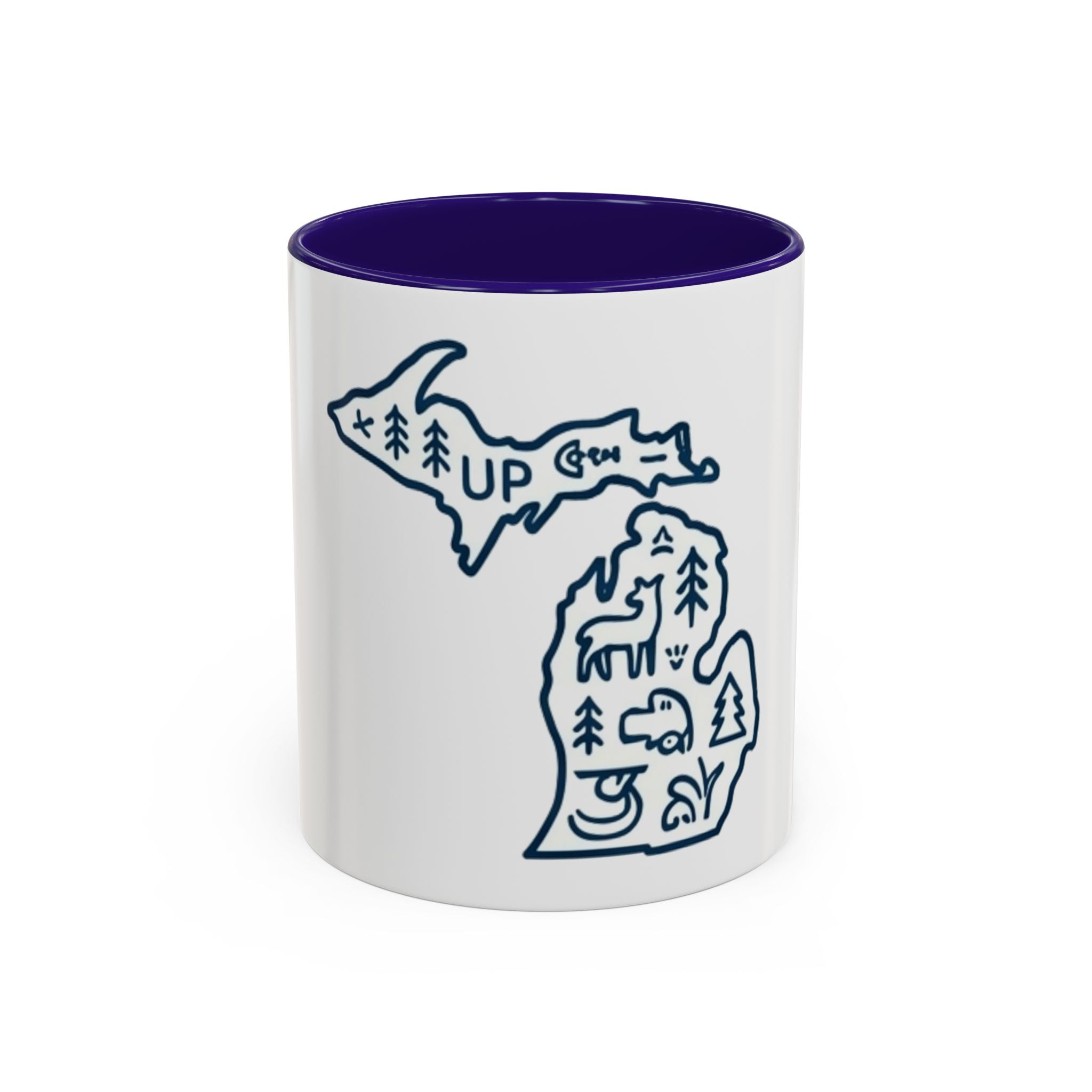 Michigan Outline Mug with UP & Outdoor Icons – Great Lakes State Coffee Cup (11oz/15oz)
