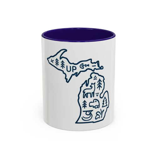 Michigan Outline Mug with UP & Outdoor Icons – Great Lakes State Coffee Cup (11oz/15oz)