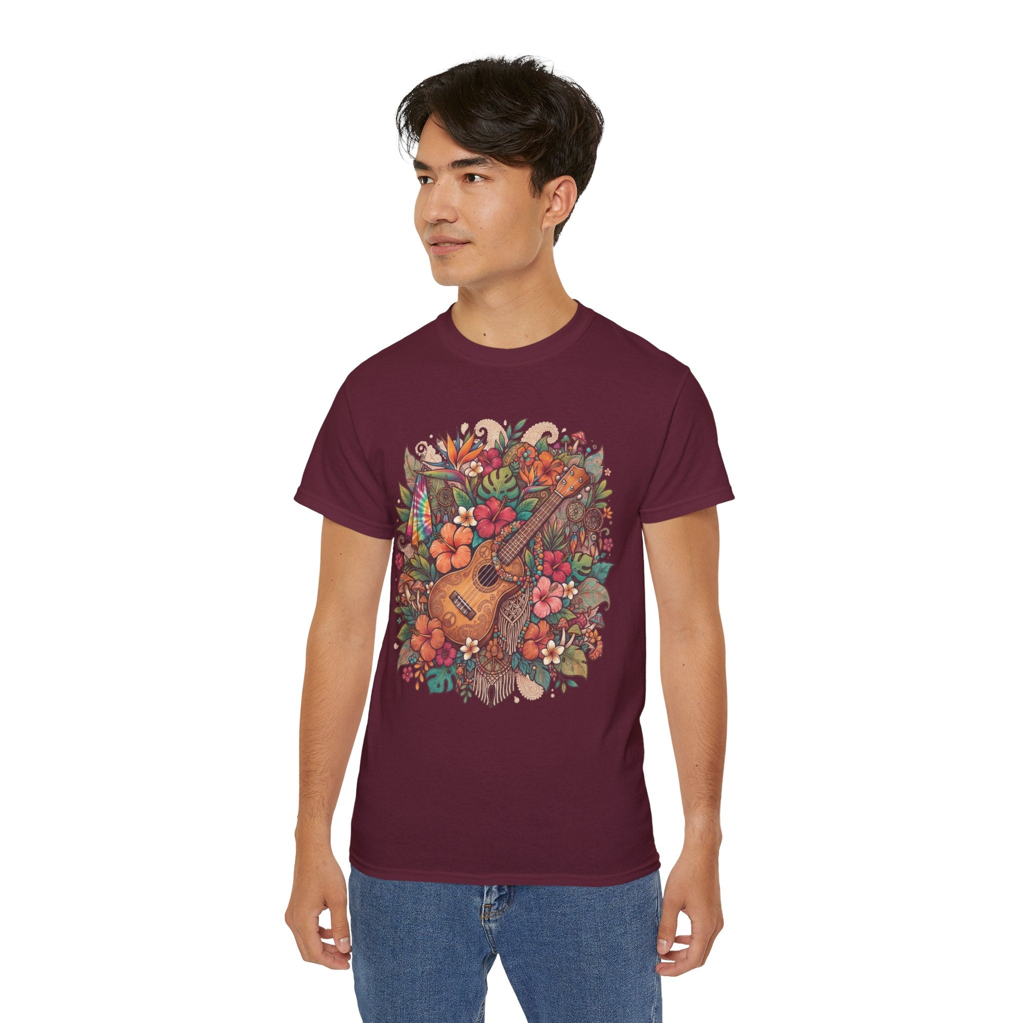 Floral Ukulele T-Shirt — Tropical Guitar & Hibiscus Flower Tee