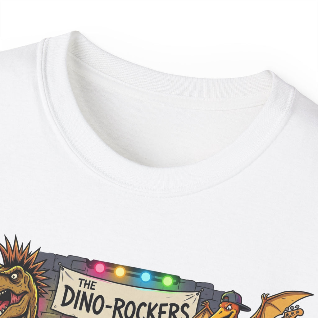 Dino Rockers T-Shirt – Retro Dinosaur Band Graphic Tee