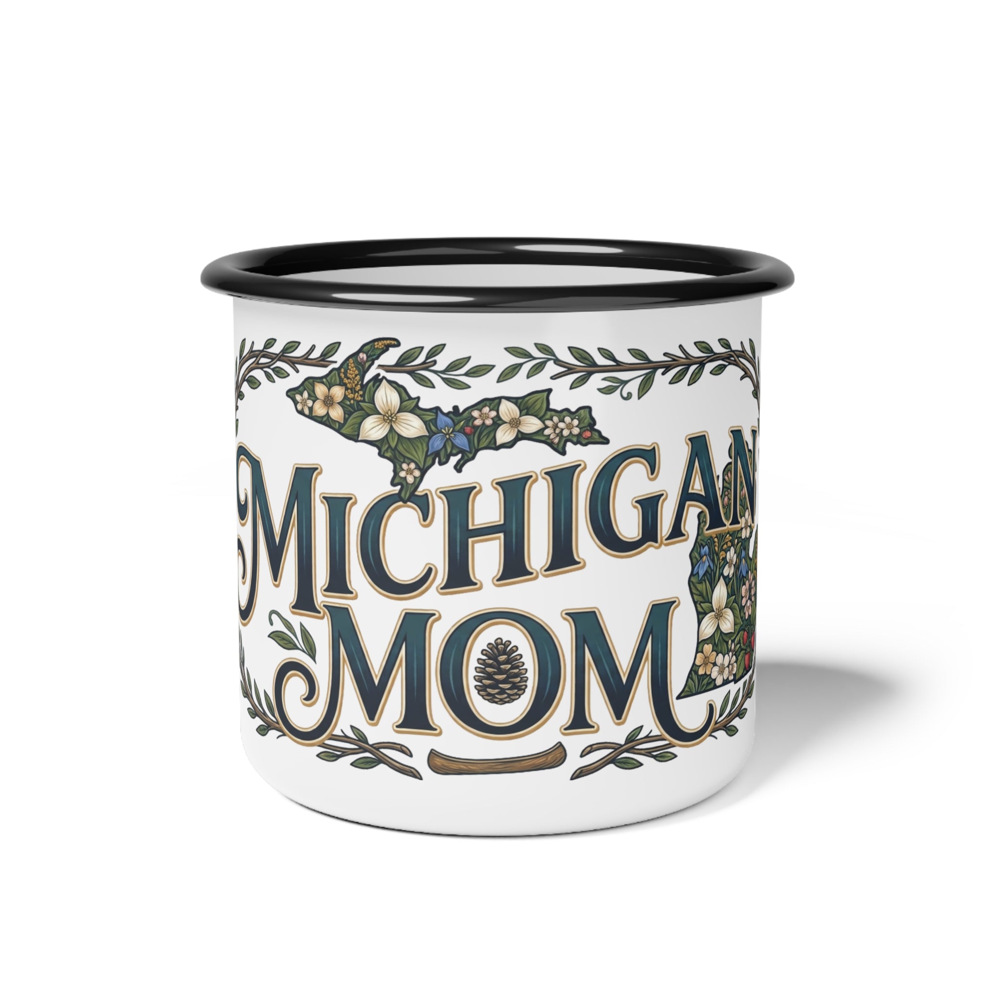 Michigan Mom Enamel Camp Cup — Vintage State Floral Camping Mug