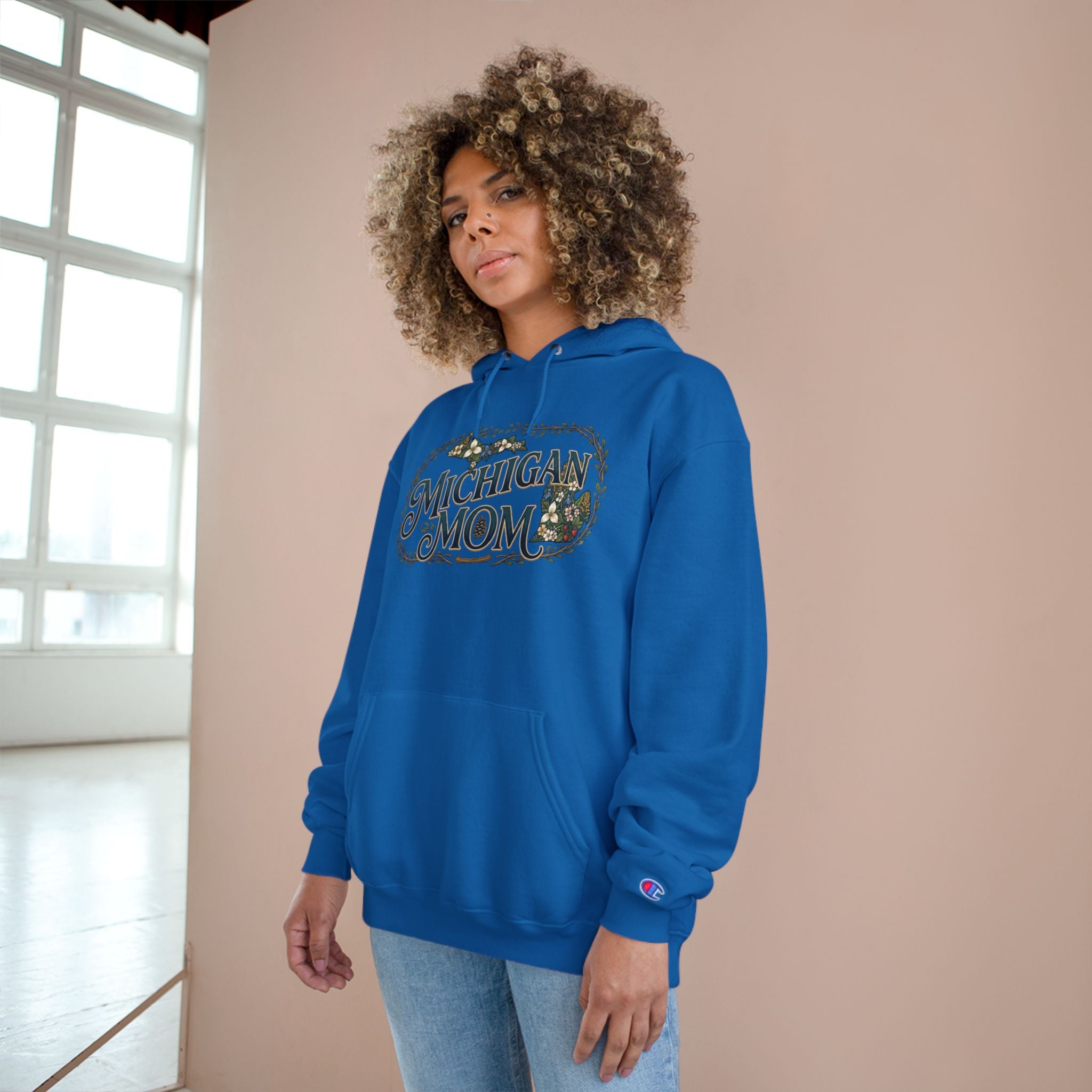 Michigan Mom Hoodie – Champion Pullover with Vintage State Floral Design