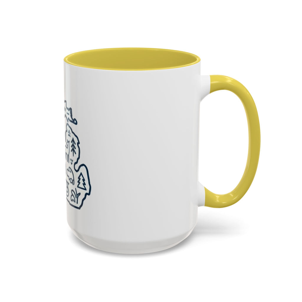 Michigan Outline Mug with UP & Outdoor Icons – Great Lakes State Coffee Cup (11oz/15oz)