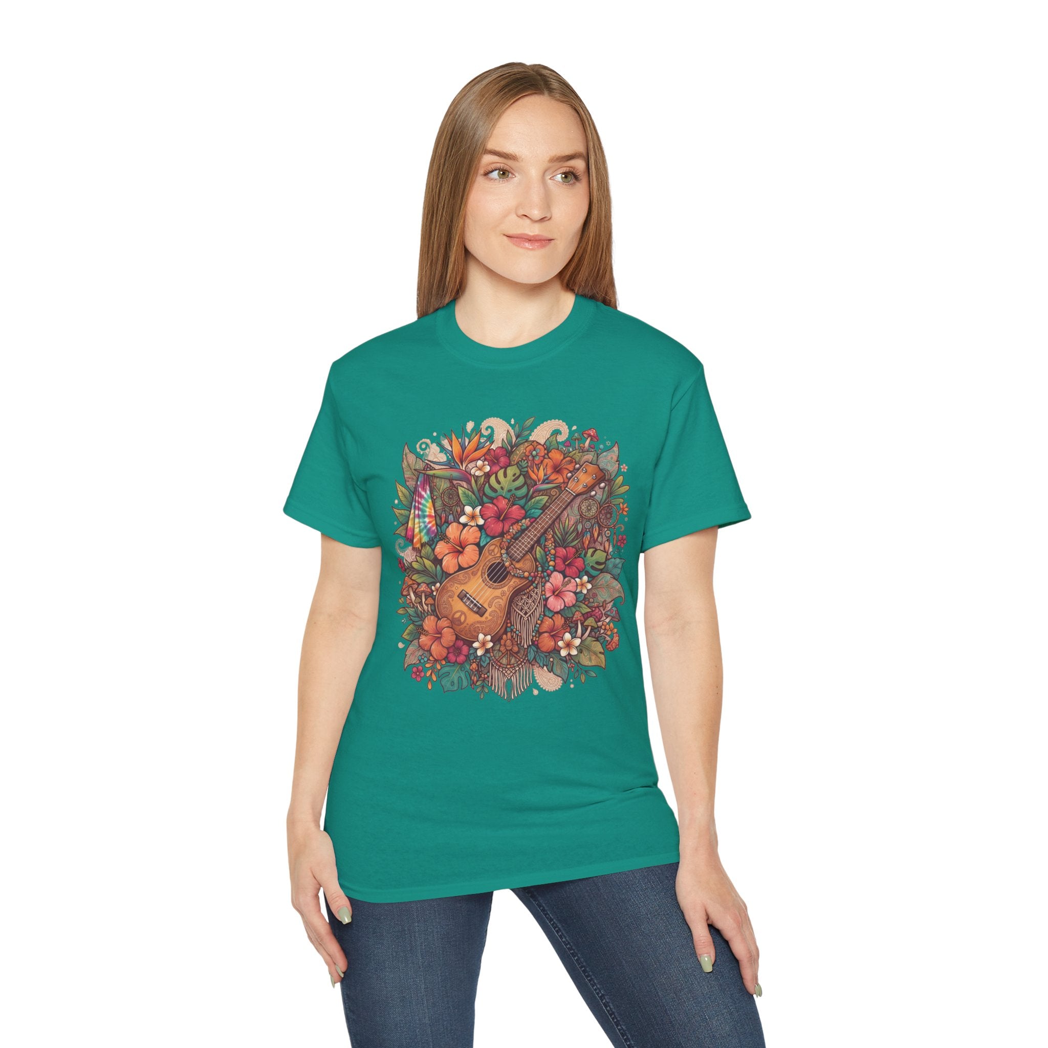 Floral Ukulele T-Shirt — Tropical Guitar & Hibiscus Flower Tee