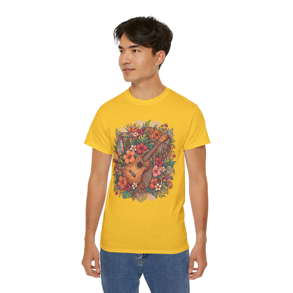 Floral Ukulele T-Shirt — Tropical Guitar & Hibiscus Flower Tee