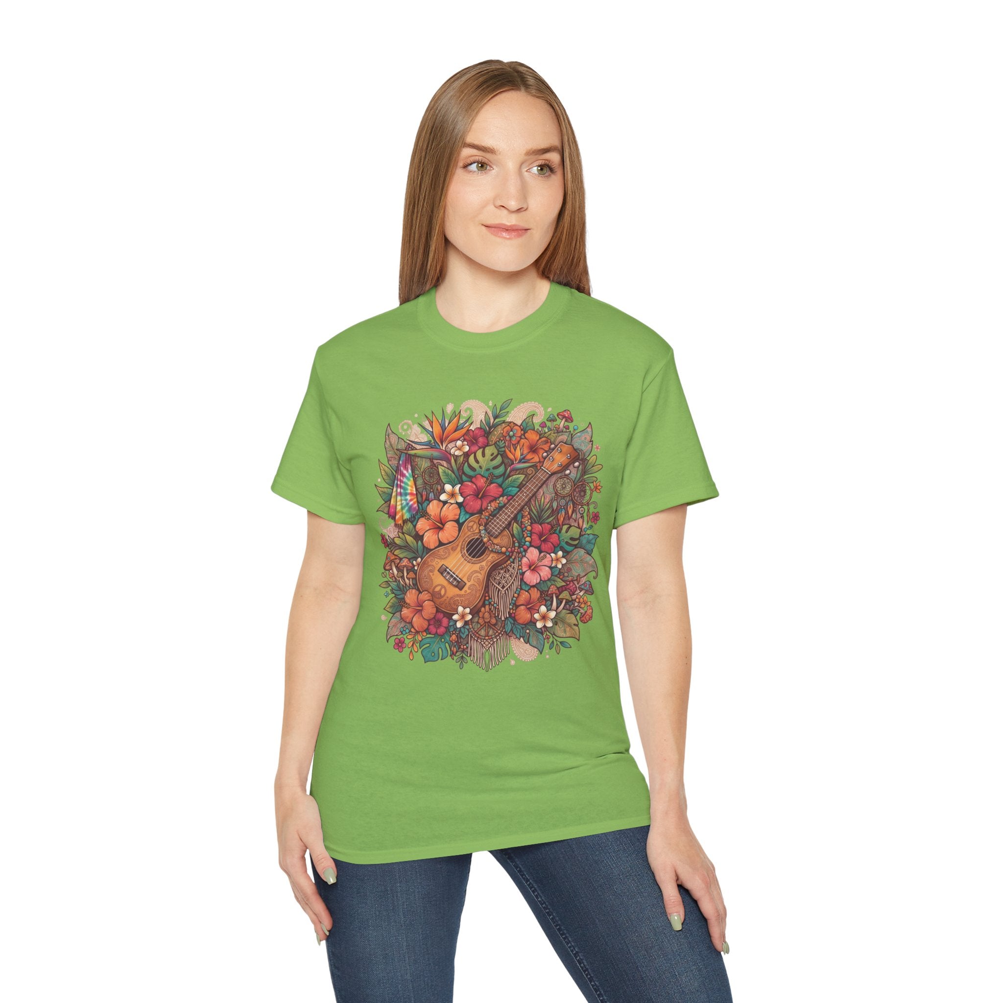 Floral Ukulele T-Shirt — Tropical Guitar & Hibiscus Flower Tee