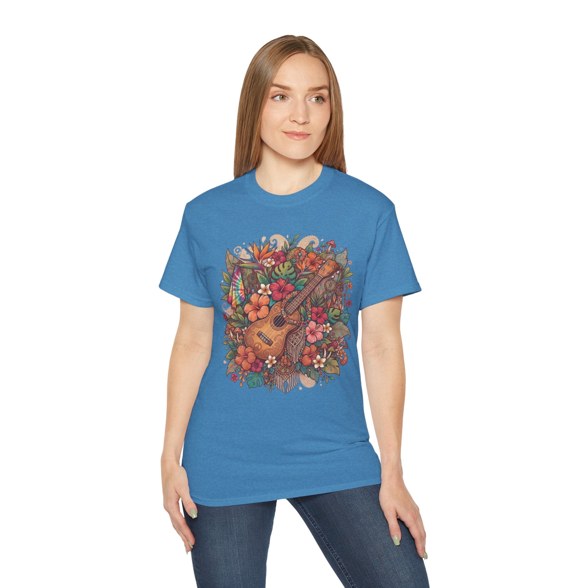 Floral Ukulele T-Shirt — Tropical Guitar & Hibiscus Flower Tee