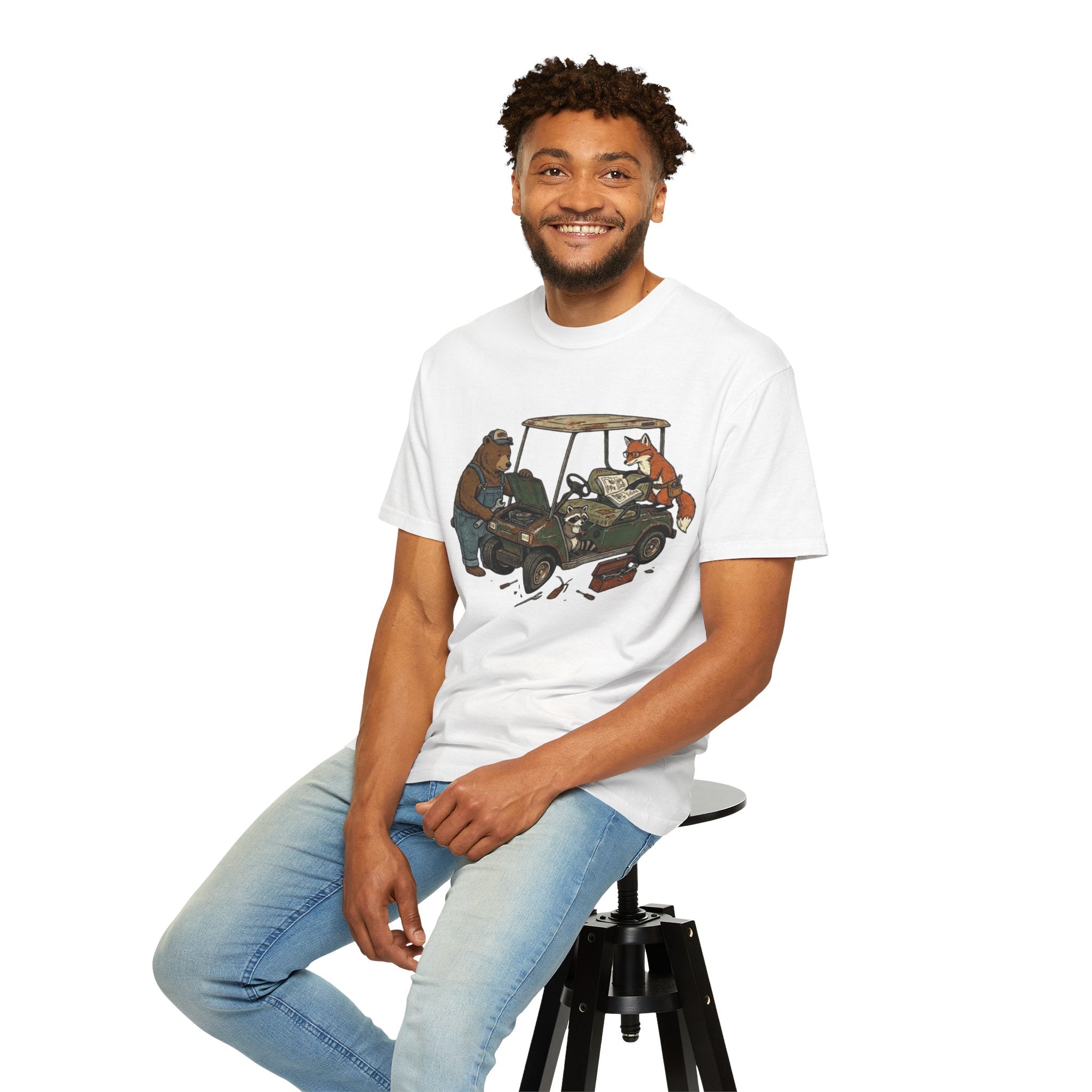 Golf Cart Mechanics T-Shirt — Bear & Fox Repairing Cart Illustration