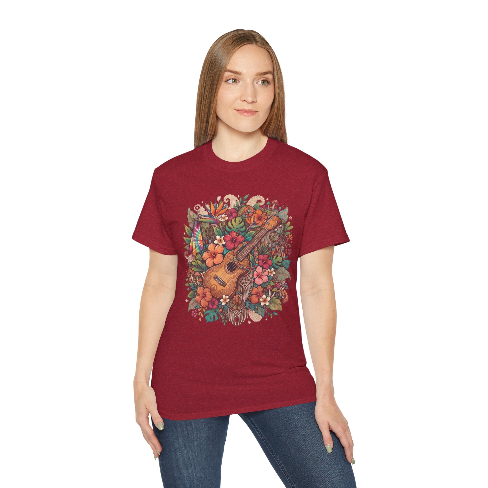 Floral Ukulele T-Shirt — Tropical Guitar & Hibiscus Flower Tee