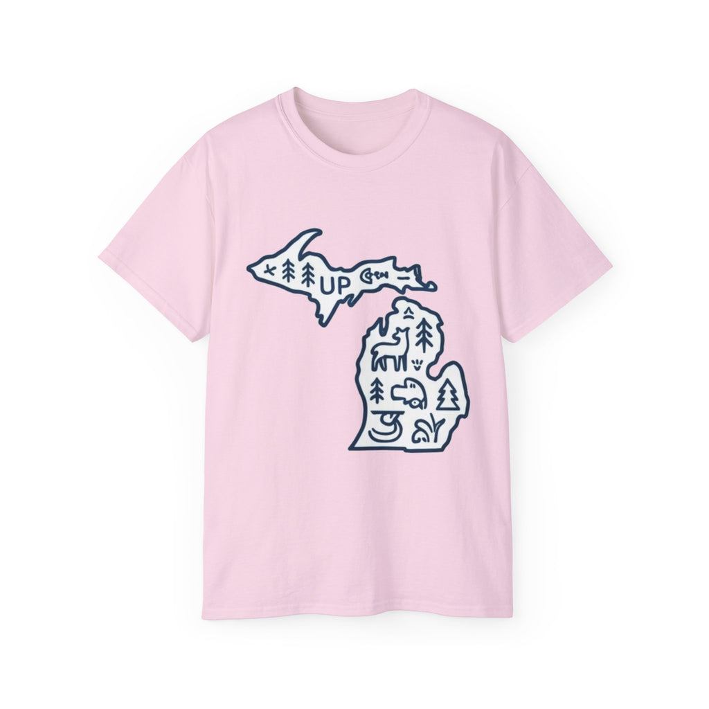 Michigan Outdoor Map T-Shirt — UP & Lower Peninsula Nature Design