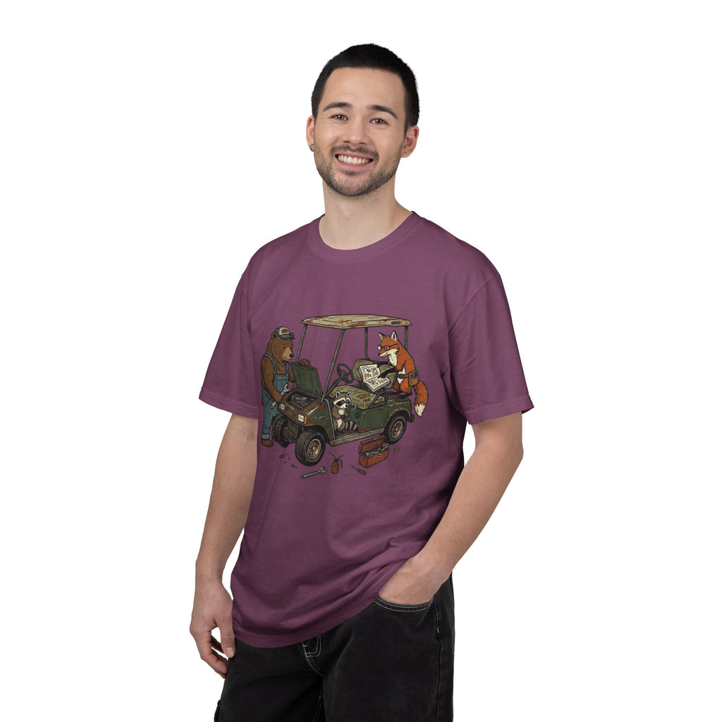 Golf Cart Mechanics T-Shirt — Bear & Fox Cartoon Repair Design