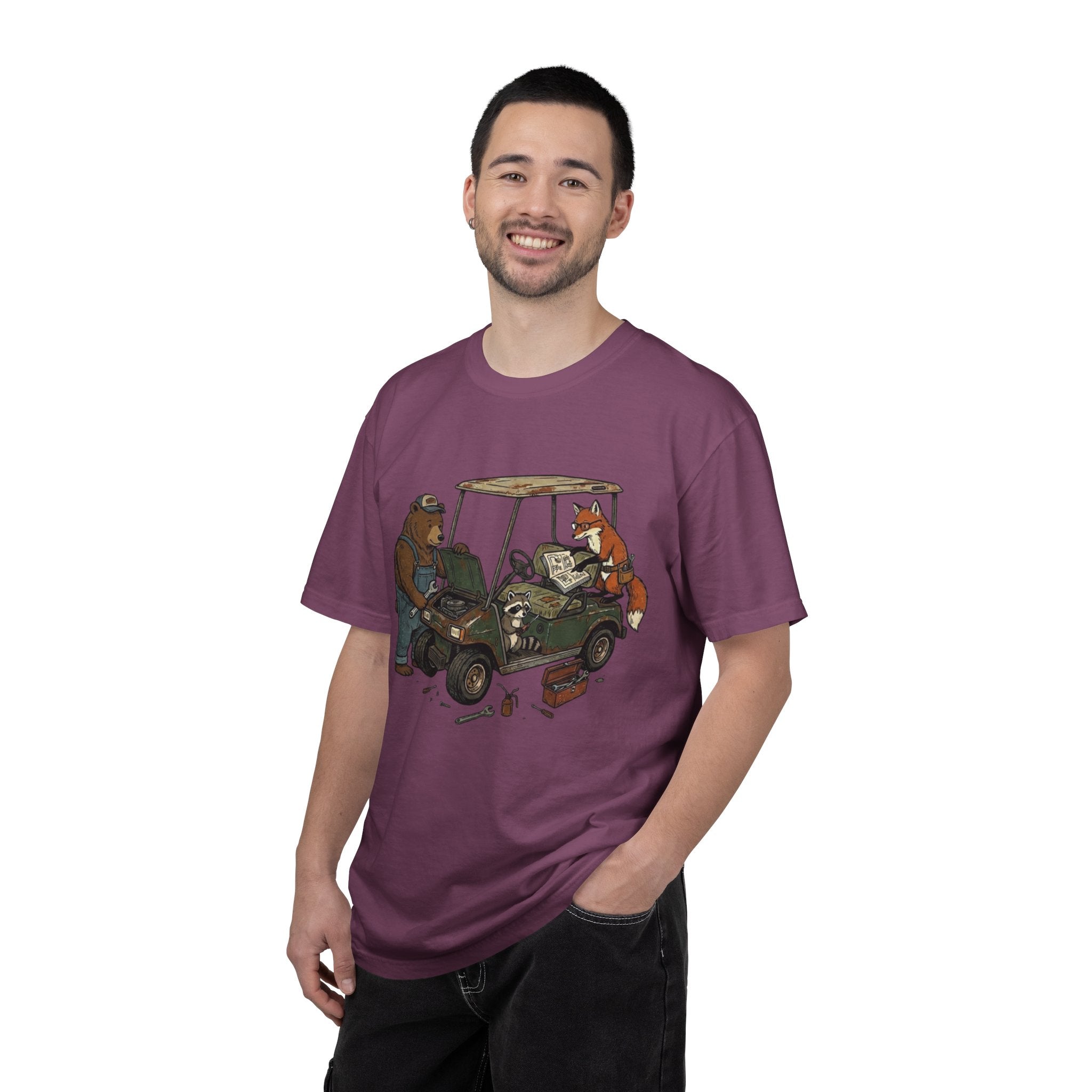 Golf Cart Mechanics T-Shirt — Bear & Fox Cartoon Repair Design