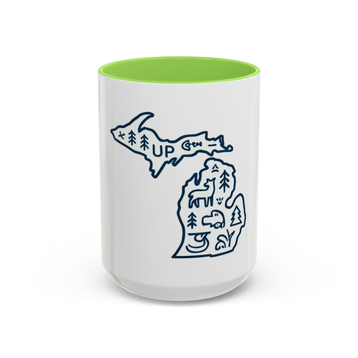 Michigan Outline Mug with UP & Outdoor Icons – Great Lakes State Coffee Cup (11oz/15oz)