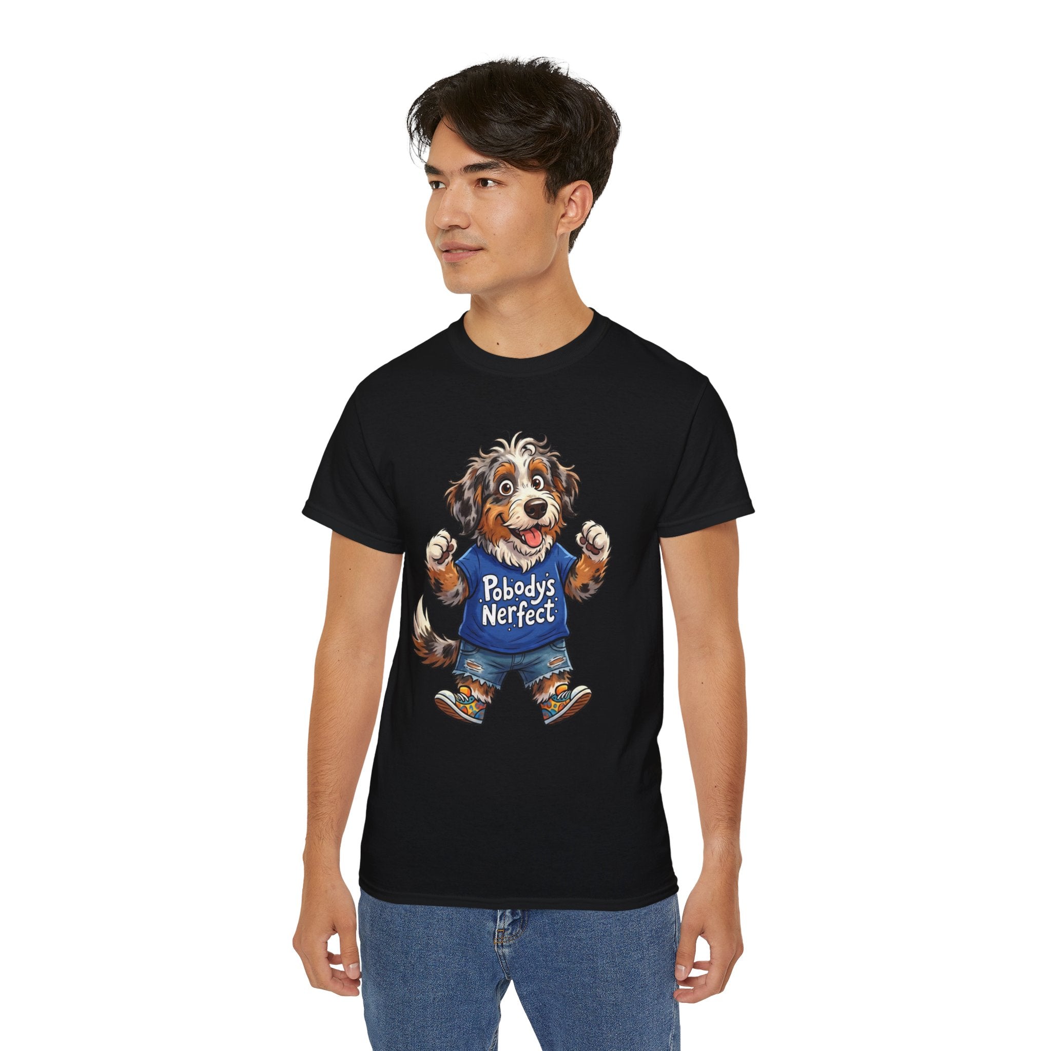 Dog Lover T‑Shirt – Cute Pup Wearing “Pobody's Nerfect” Shirt (Funny Pet Tee)