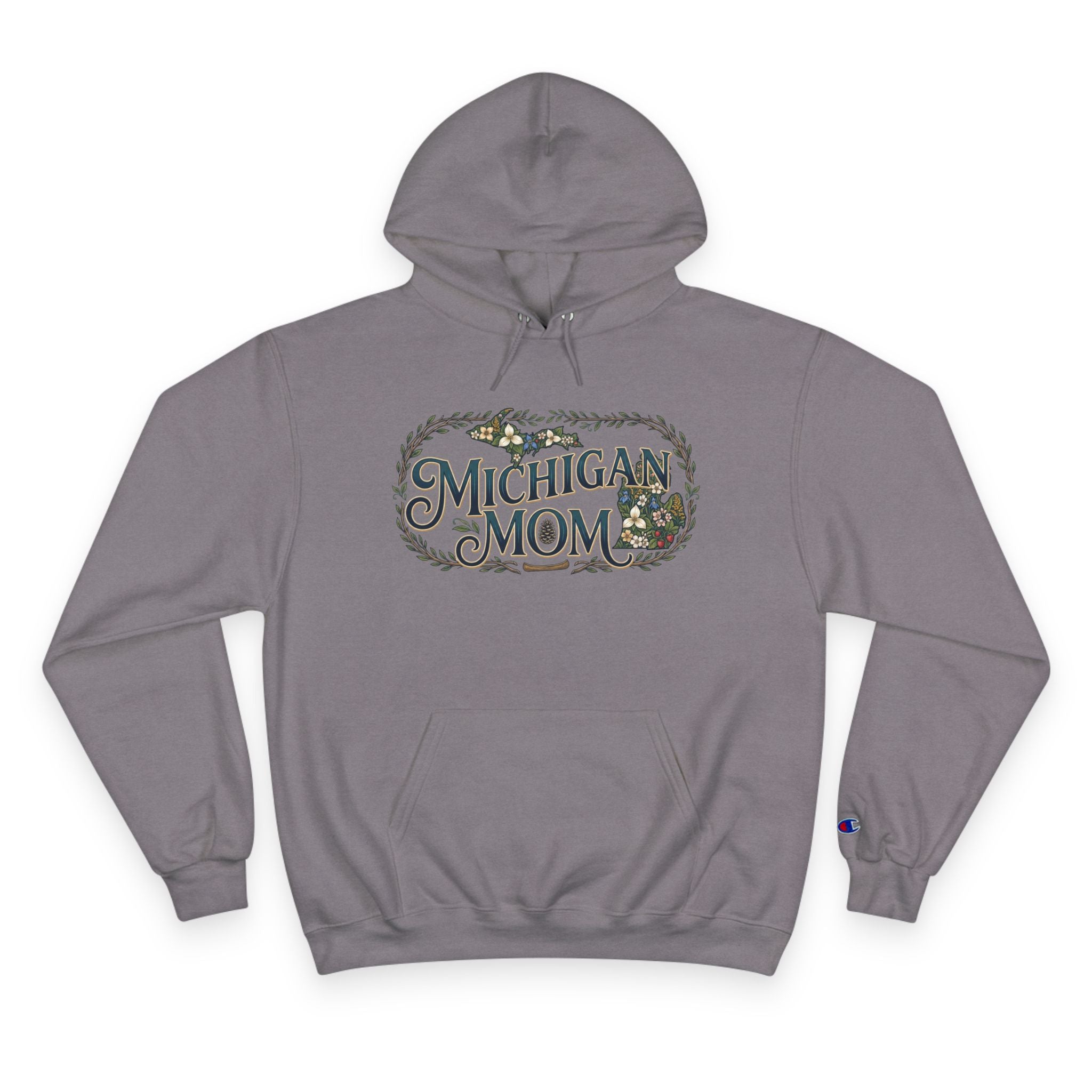 Michigan Mom Hoodie – Champion Pullover with Vintage State Floral Design