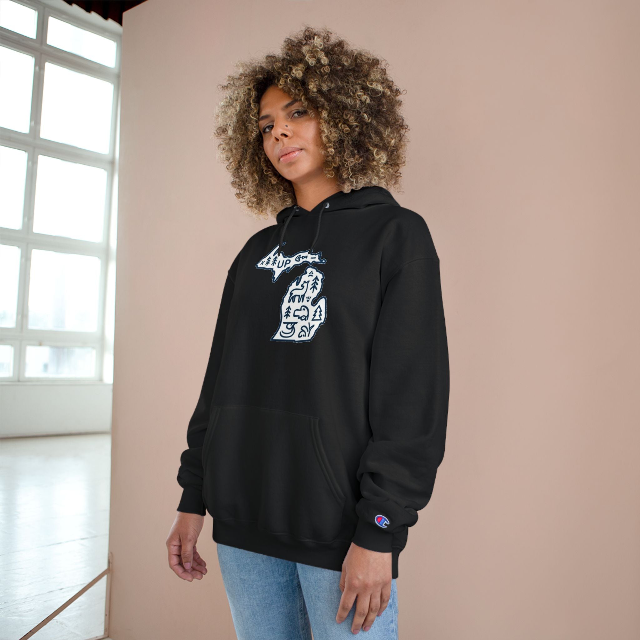 Michigan Map Champion Hoodie — Cozy State Pride Pullover with Iconic Symbols