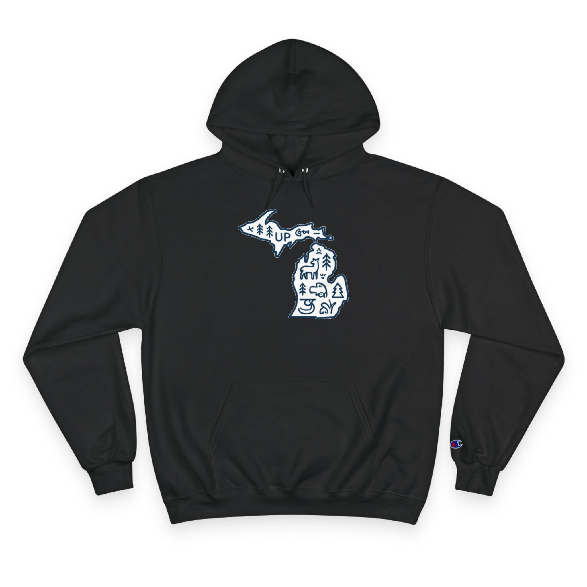 Michigan Map Champion Hoodie — Cozy State Pride Pullover with Iconic Symbols