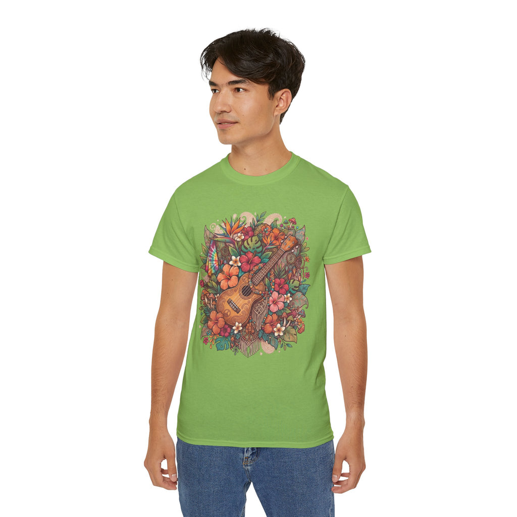 Floral Ukulele T-Shirt — Tropical Guitar & Hibiscus Flower Tee